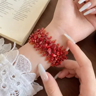 波西米亚民族风 红玛瑙片珠串珠手链 复古流苏手工串珠 17cm 20g 度假叠戴首饰