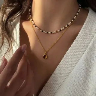美拉德风格串珠虎眼石吊坠项链套装，合金与天然虎眼石结合，复古时尚百搭