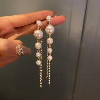 超长款后挂式两戴仿珍珠流苏水钻耳钉耳环