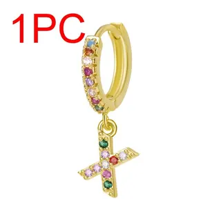 字母Q彩色锆石耳圈耳扣耳环 金色铜镶锆 1.2*2cm 轻奢甜美个性字母吊坠耳饰 1PC