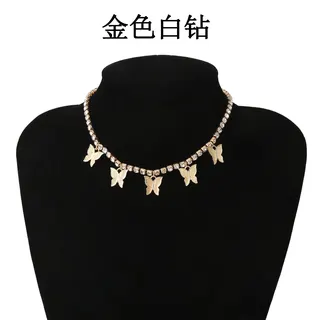 轻奢法式复古蝴蝶水钻项链 金色合金18K金电镀 五只蝴蝶吊坠锁骨链 短颈链 伴娘新娘配饰