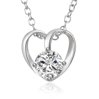 Heart Shaped Zircon Pendant Necklace for Women, White Gold Plated Alloy with Round Cubic Zirconia, Adjustable 46+5cm Clavicle Chain, Gift for Her