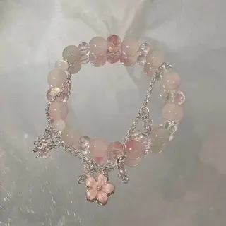 Bracciale con perline a fiore di pesco, perline in cristallo rosa sfaccettate con ciondolo a fiore, elastico, dolce e giovanile, stile giapponese-coreano fresco