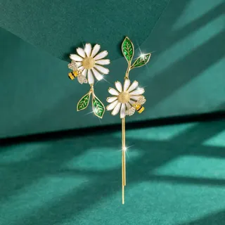 雏菊花朵蜜蜂画油叶子不对称长款流苏耳钉耳环