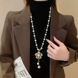 珍珠花朵长款流苏项链