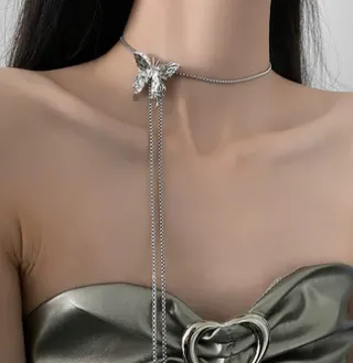 抽拉蝴蝶毛衣链项链女 轻奢设计感不锈钢长项链 合金电镀银心形吊坠 秋冬针织衫配饰 可调83.3cm