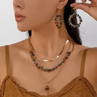 天然石蛇链三层叠戴项链耳环套装
