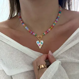 彩色玻璃爱心吊坠串珠OT扣项链