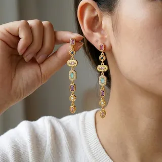 彩色锆石几何流苏拼接耳环