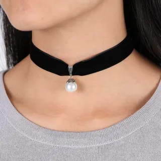 法式复古珍珠吊坠黑色绒布卡脖链 女 轻奢百搭贴颈Choker 可调节长度 皮革合金白色珍珠项链