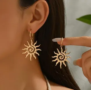 太阳花耳环 复古波西米亚太阳造型耳饰 银色合金磨砂做旧 螺旋镂空设计感耳坠 女 约3*4cm