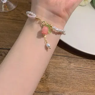 郁金香花朵珍珠串珠双层手链