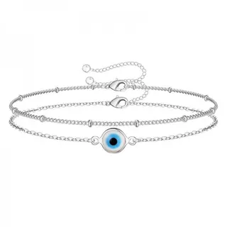 Pulsera de ojo turco para mujer, doble capa ajustable, cadena de aleación plateada con cierre de langosta y cuenta de ojo turco, amuleto bohemio de lujo ligero superpuesto