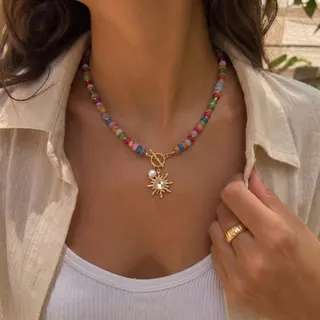彩色玻璃太阳吊坠串珠OT扣项链