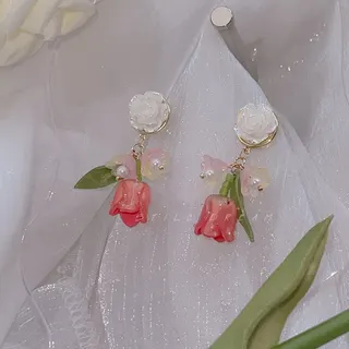 粉色爱心玫瑰花花朵耳钉耳环