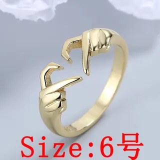 双手比心情侣戒指 黄金色合金开口戒 18K金电镀保色 趣味手势个性女戒 9号