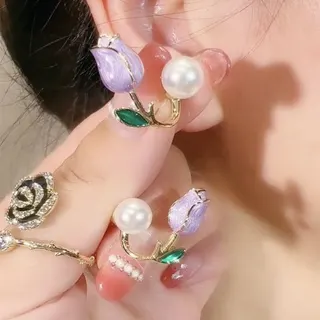 郁金香花朵珍珠后挂式耳钉耳环