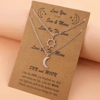 Love You To The Sun & Moon 太阳月亮镂空吊坠项链套装 不锈钢钛钢防过敏 情侣闺蜜2条装 链长45+5cm 牛皮纸卡礼盒