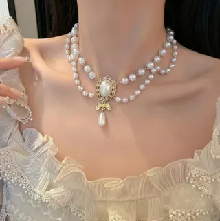法式复古巴洛克珍珠流苏项链女 双层叠戴锁骨链 蝴蝶结泪滴吊坠 轻奢仿珍珠金色花托 44+5cm