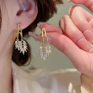 S925银针镶锆树叶耳环