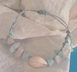 海洋风天然石贝壳手链 冰蓝海星串珠 可调节抽绳编织手绳 清新少女度假饰品 约17cm