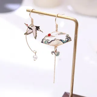 仙鹤古风扇子不对称长款流苏仿珍珠画油耳钩耳环