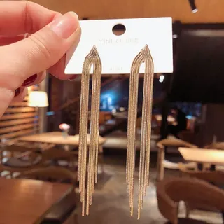 金色长款流苏耳环 10.5cm 合金电镀18K金 法式复古轻奢金属链条垂坠耳钉 显脸小宴会派对百搭耳饰 一对