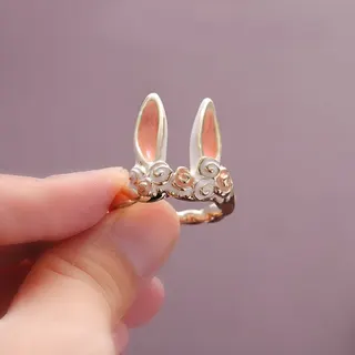 兔耳朵玫瑰花画油开口指环戒指