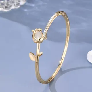 Bracelet jonc tulipe en œil-de-chat serti de strass, luxe léger, argenté en alliage, ouvert, pour femme, illumine le teint, polyvalent, forme fleur, diamètre 6,1 cm