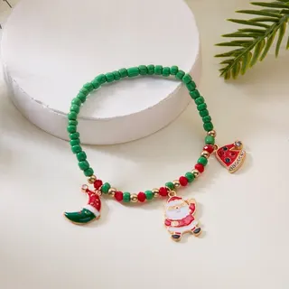 Pulseira de contas de Natal para mulher, pulseira elástica com contas vermelho e verde, pingentes de Papai Noel, bengala doce e árvore de Natal, liga banhada a ouro 18K, acessório festivo para presente, 18cm