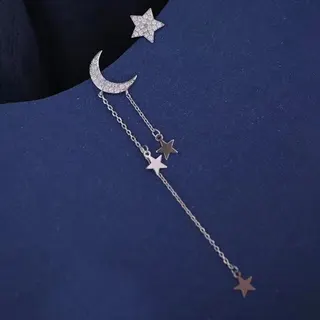 银星月镶钻流苏不对称耳钉耳环