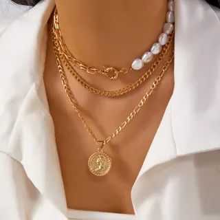 简约人像珍珠叠戴链条3层项链