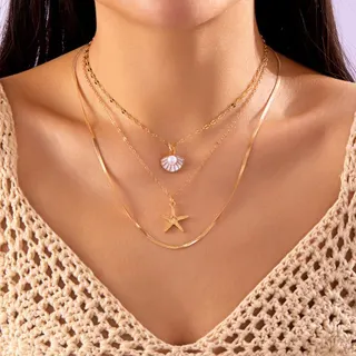 Parure de colliers superposés style océan, lot de 3 - Chaîne pendentif coquillage nacré et étoile de mer doré, chaîne en alliage de cuivre plaqué or 18K, collier ras-du-cou chic vacances 36+5cm