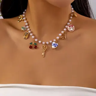 钥匙蝴蝶结牛仔樱桃印花陶瓷珍珠多吊坠项链