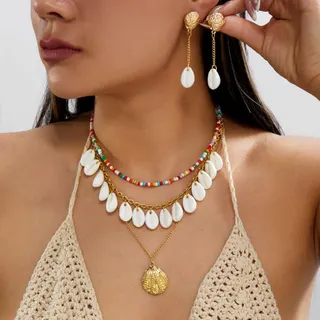 度假风贝壳米珠扇贝项链耳环套装