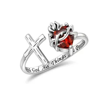 Vintage Cross & Heart Open Ring, Silver Plated Copper with Red Zircon, Engraved 'With God All Things Are Possible', Adjustable Statement Ring for Women